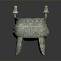 Ancient Bronze Tripod Cauldron Sculpture With Intricate Carvings And Columnar Handles