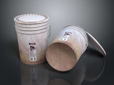 Two Metal Buckets With Labels And Open Lid For Household Storage 3d model