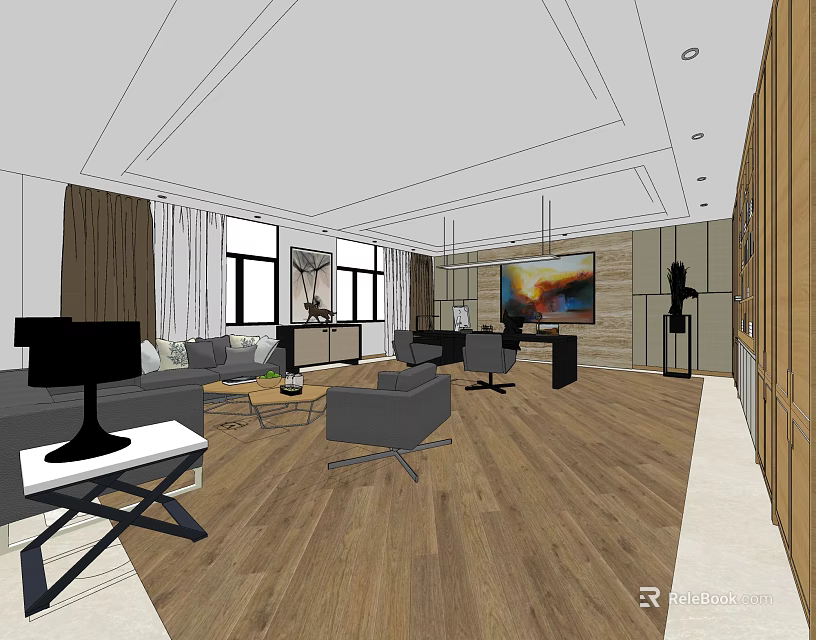 Modern Office Interior With Sofa Coffee Table Office Desk TV And Wooden Floor 3d model 