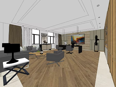 Modern Office Interior With Sofa Coffee Table Office Desk TV And Wooden Floor 3d model