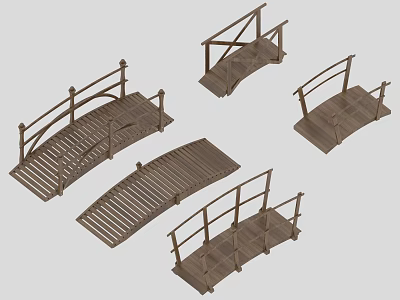 Various Wooden Garden Bridges With Different Railings And Curved Structures 3d model