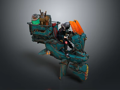 Futuristic Cyberpunk Motorcycle With Green Container Orange Baffle Mechanical Parts And Armored Rider 3d model