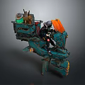 Futuristic Cyberpunk Motorcycle With Green Container Orange Baffle Mechanical Parts And Armored Rider