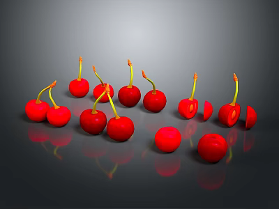 Fresh Red Cherries Whole and Sliced on Black Surface with Reflections 3d model