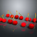 Fresh Red Cherries Whole and Sliced on Black Surface with Reflections 3d model