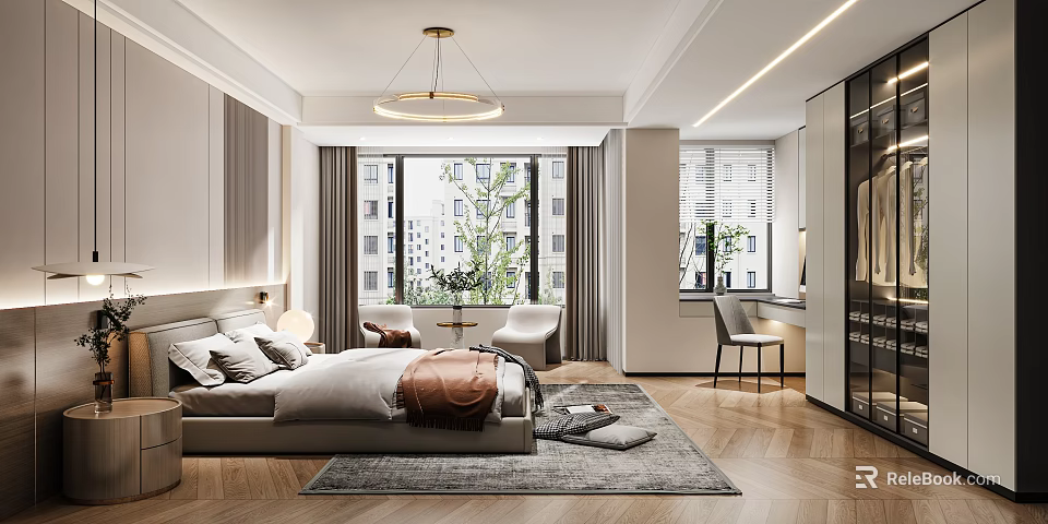 Modern Bedroom Interior With Bed Pillows Throw Blanket Large Windows Area Rug And Pendant Light 3d model 