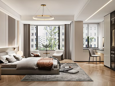 Modern Bedroom Interior With Bed Pillows Throw Blanket Large Windows Area Rug And Pendant Light 3d model