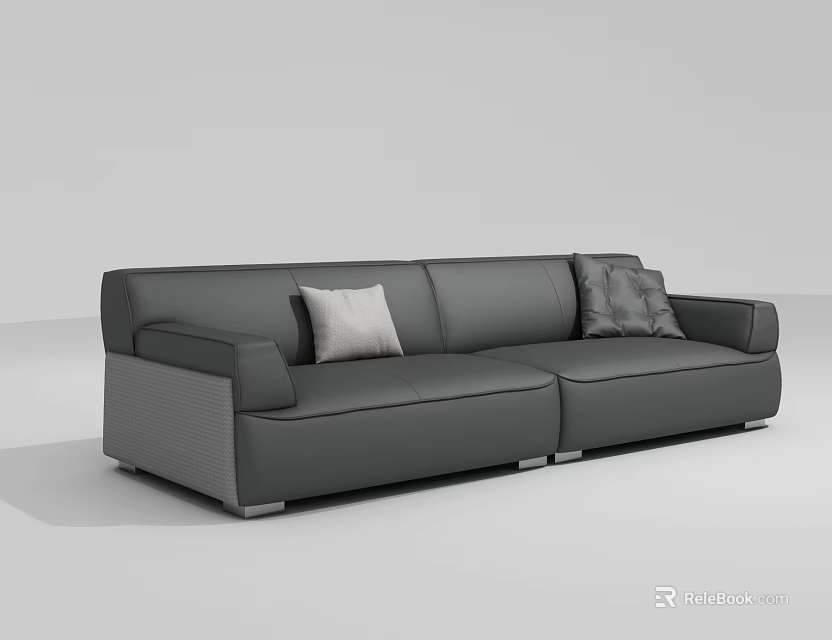 Modern Gray Leather Three Seater Sofa With Light And Dark Textured Cushions 3d model