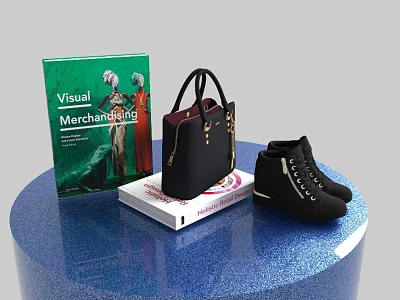Decorative Accessories Display Set with Books Handbag and Boots on Blue Round Display Stand 3d model