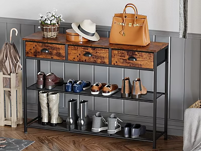 Multi Tiered Wooden Metal Entryway Shelf With Handbag Hat Flower Vase And Shoes 3d model