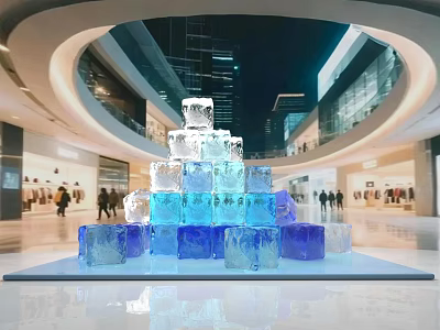 Art Installation Made of Stacked Ice Blocks in Modern Mall with Pedestrians Around 3d model