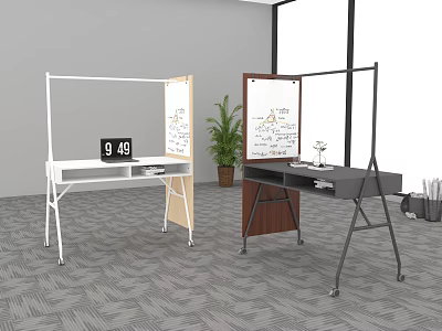 Modern Office Desk With Whiteboard Panel Potted Plant Mobile Wheels And Office Supplies 3d model
