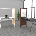Modern Office Desk With Whiteboard Panel Potted Plant Mobile Wheels And Office Supplies