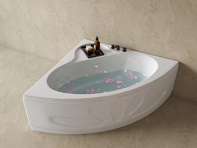 White Corner Bathtub With Pink Petals And Bath Products On Marble Surface 3d model