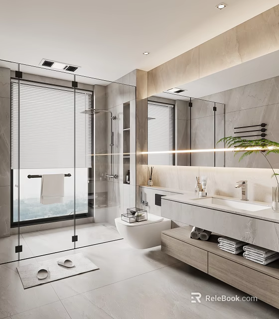 Modern Bathroom Interior With Glass Shower Enclosure Large Mirror And Marble Countertop 3d model 