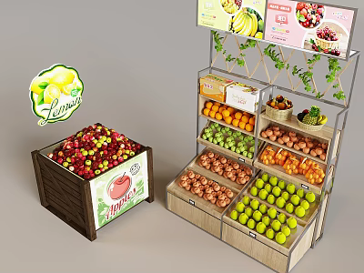Wooden Crate And Multi Layer Fruit Display Shelves With Apples Oranges Onions And Advertising Signs 3d model
