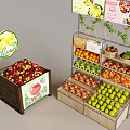 Wooden Crate And Multi Layer Fruit Display Shelves With Apples Oranges Onions And Advertising Signs
