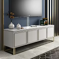Modern White TV Stand With Gold Legs Under TV On Blue Wall And Decorative Vases