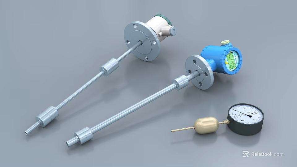 Industrial Equipment Level Sensors With Stainless Steel Rod Blue White Heads And Pressure Gauge 3d model 