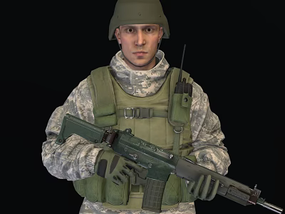 Man in Camouflage Military Uniform Wearing Helmet and Tactical Vest Holding Rifle 3d model