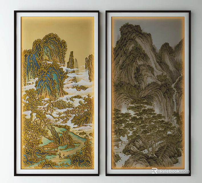 Traditional Chinese Landscape Paintings On Vertical Scrolls With Mountain Tree Rock Elements 3d model