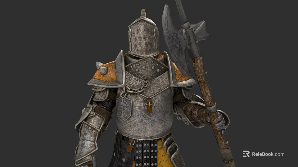 Game and Movie Character in Armored Suit With Cross Emblem Holding Battle Axe 3d model 