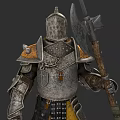Game and Movie Character in Armored Suit With Cross Emblem Holding Battle Axe