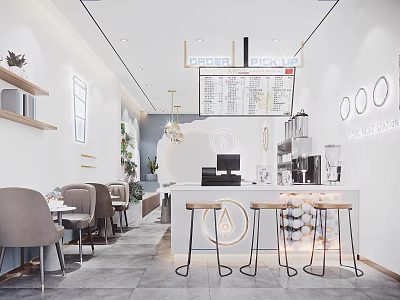 Bright Modern Bubble Tea Shop Interior With Bar Counter High Stools And Menu Board 3d model
