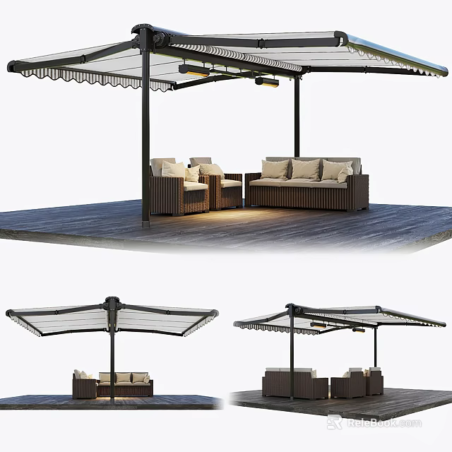 Modern Outdoor Sofa Set With Cushions On Wooden Deck And Canopy 3d model 