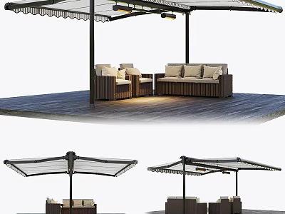 Modern Outdoor Sofa Set With Cushions On Wooden Deck And Canopy 3d model