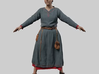 Woman Wearing Gray Dress With Red Lining Brown Belt And Hanging Pouch Arms Outstretched 3d model