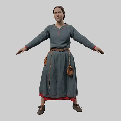 Woman Wearing Gray Dress With Red Lining Brown Belt And Hanging Pouch Arms Outstretched 3d model