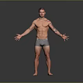 Shirtless Man With Arm Tattoos Standing In Gray Shorts And Arms Outstretched Against Gray Background