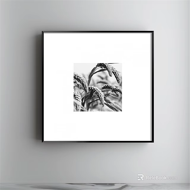 Framed Black And White Plant Art Featuring Wheat Ears On White Background 3d model