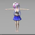 3D Anime Girl Character With Cat Ears Pink Blue Twin Braids White Top Blue Skirt