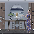 Chinese Style Console Table With Circular Landscape Painting Buddha Statue Bonsai And Wooden Shelves