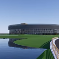 Modern Circular Architectural Design with Multi Level Structure Surrounded by Green Area Roads and Water 3d model