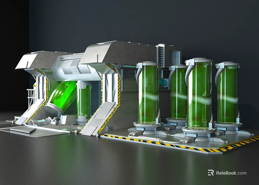 Cartoon Futuristic Sci Fi Scene With Silver Mechanical Machine And Green Cylindrical Containers 3d model 