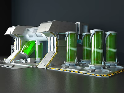 Cartoon Futuristic Sci Fi Scene With Silver Mechanical Machine And Green Cylindrical Containers 3d model