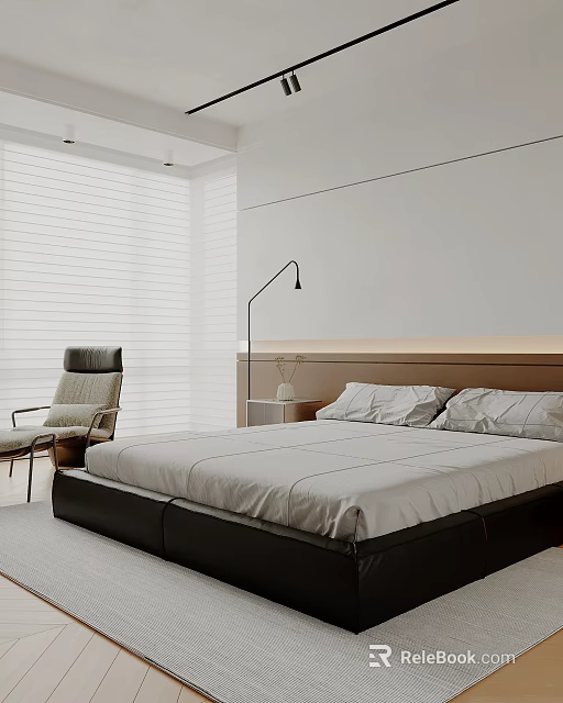Minimalist Bedroom Interior With White Blinds Floor Lamp Sleek Headboard And Accent Chair 3d model 