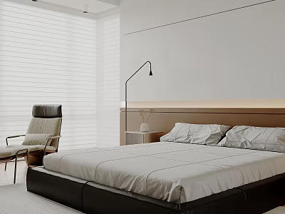 Minimalist Bedroom Interior With White Blinds Floor Lamp Sleek Headboard And Accent Chair 3d model