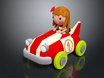 Toy Doll With Pink Bow Riding Red And White Toy Car Yellow Wheels Number 1 3d model