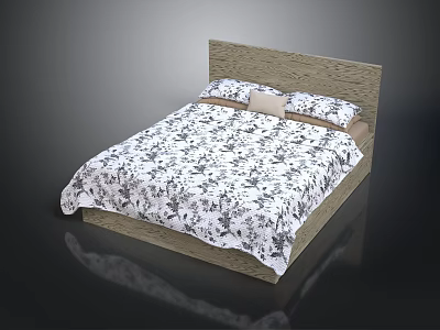 Modern Wooden Bed With Floral Pattern Bedspread And Decorative Pillows 3d model