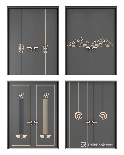 Dark Gray Double Doors With Gold Decorative Patterns And Elegant Design 3d model