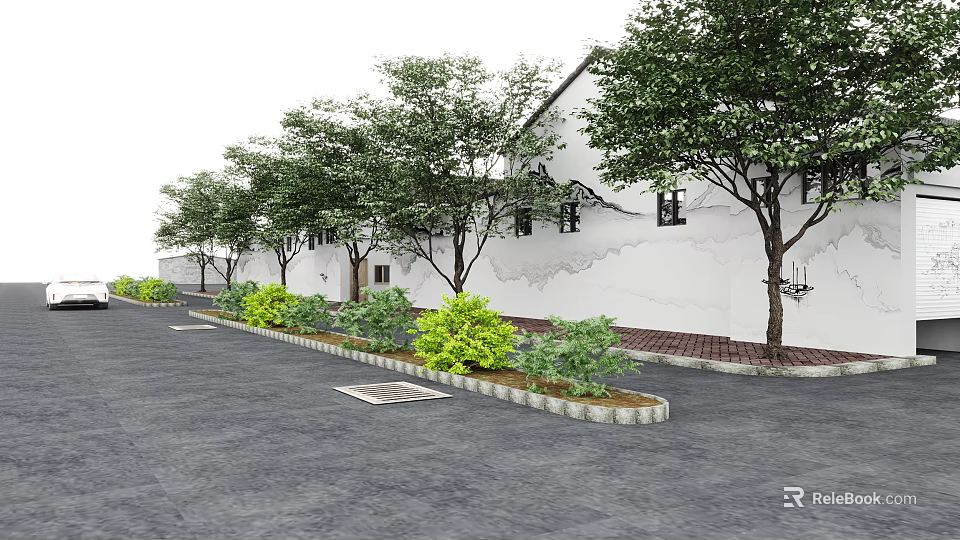 Serene Garden Landscape With White Walls Trees Green Shrubs And Paved Ground 3d model 