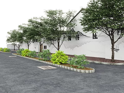 Serene Garden Landscape With White Walls Trees Green Shrubs And Paved Ground 3d model