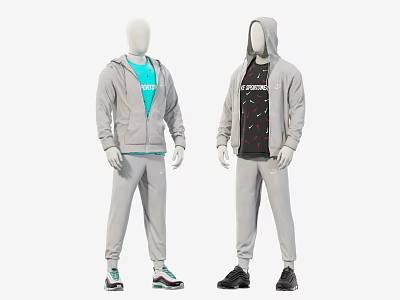 Mannequins Wearing Grey Hoodie And Joggers With Blue And Black Patterned T-shirts 3d model