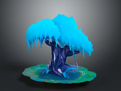 Cartoon Scene Featuring Blue Tree With Icy Branches Dark Trunk Green Grass And Water Puddle 3d model