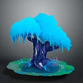 Cartoon Scene Featuring Blue Tree With Icy Branches Dark Trunk Green Grass And Water Puddle