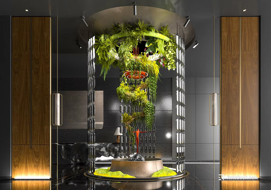 Modern Luxury Indoor Vertical Garden With Green Plants Wooden Panels And Ambient Lighting 3d model 